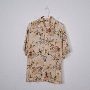 Pierre Cardin Mens Hawaiian Shirt Sz L Floral Pin Up Bamboo Leaf Novelty Print